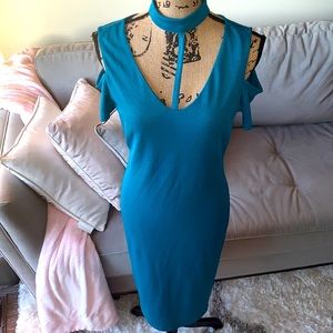 Venus turquoise colder shoulder choker dress.